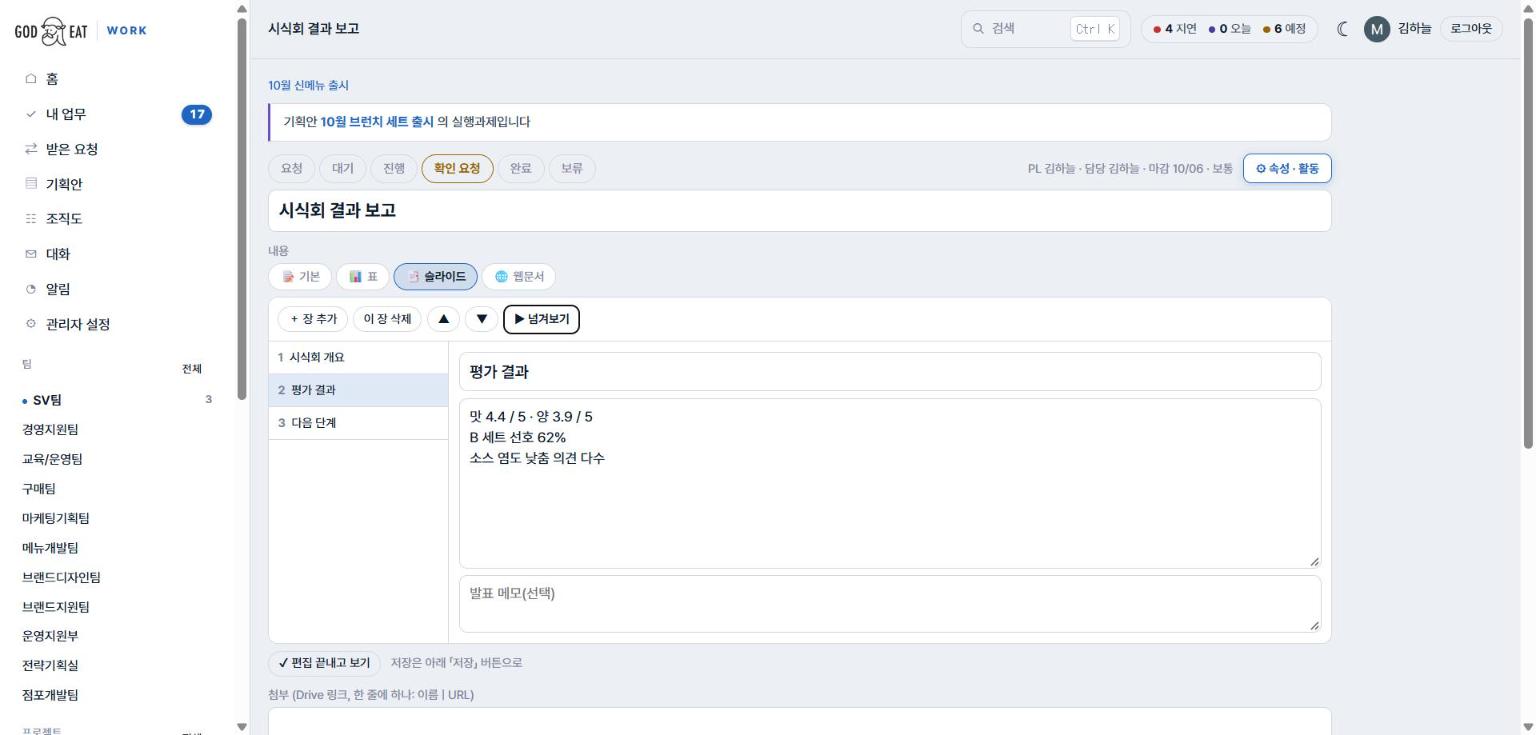 슬라이드 편집 — 왼쪽 장 목록, 오른쪽 제목·내용·발표 메모