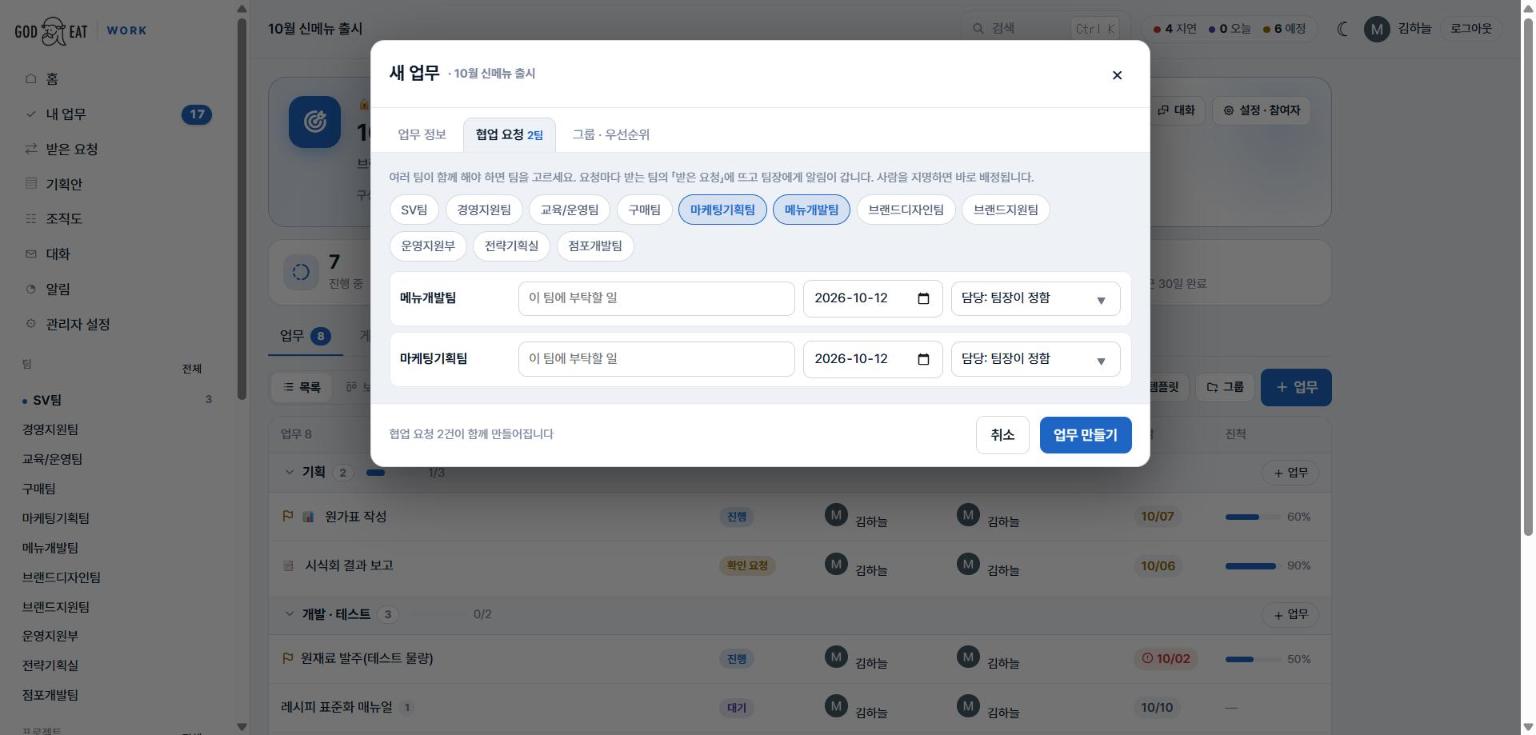 새 업무 창의 협업 요청 탭 — 팀 고르기와 팀마다 부탁할 일·마감·담당